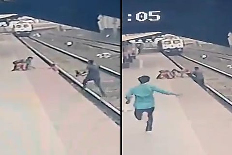Screengrab from the CCTV footage of Maharashtra railway pointsman saving the life of the boy.