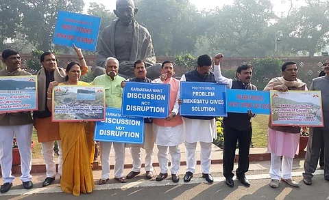 ‘Implement Mekedatu project soon’: Karnataka MPs protest outside Parliament