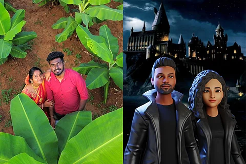 Collage of Dinesh and Janaganandhini in real and with their virtual avatars