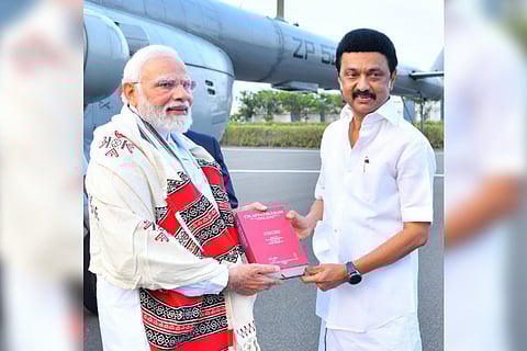 CM Stalin gifting Cilappathikaram book to PM Modi