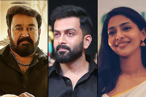 Mohanlal on the left, Aishwarya Lekshmi on the right and Prithviraj Sukumaran in the centre.