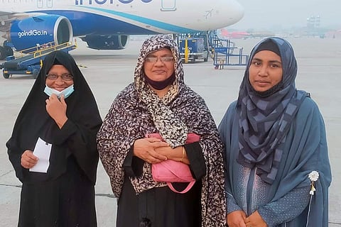 Naseema (62) and Haleema (65) and Muhsina (31) in front of an Indigo flight they boarded.
