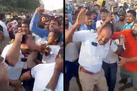 Collage of the mob of people hitting the policeman