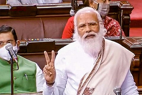 Prime Minister Narendra Modi speaking in the Rajya Sabha during ongoing Budget Session of Parliament