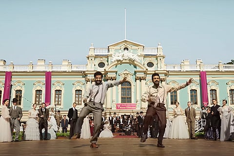 A still from Naatu Naatu song in which Jr NTR and Ram Charan are dancing