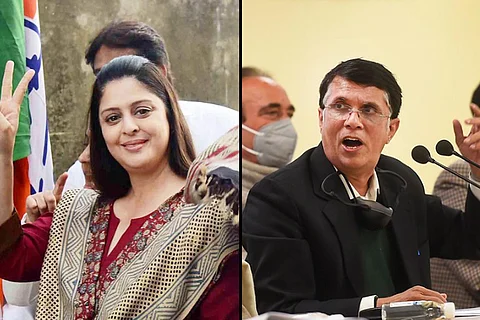 Collage of Nagma Morarji on the left and Pawan Khera on the right