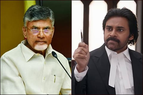Collage of Chandrababu Naidu and Pawan Kalyan as a lawyer in 'Vakeel Saab'