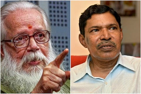 Collage of Kerala's former ISRO Scientist Nambi Narayanan, with his index finger pointed, and former police officer Siby Mathews
