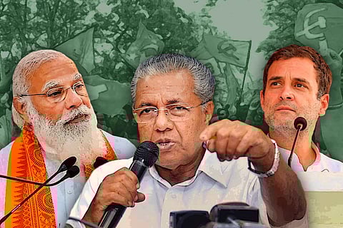 A collage of Narendra Modi, Pinarayi Vijayan and Rahul Gandhi