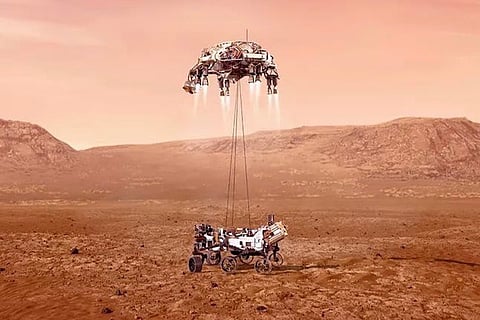 An illustration of NASA Perseverance rover landing safely on Mars