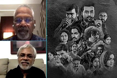 Screengrabs of Mani Ratnam and Jayendra speaking at the fan event on the left and a poster of Navarasa on the right.