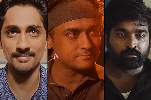 Siddharth on the left, Suriya in the centre and Vijay Sethupathi on the right.