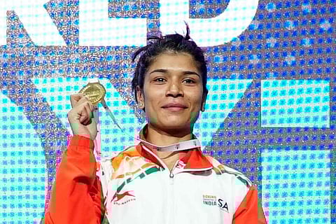 Indian boxer Nikhat Zareen posing with her gold medal after winning Women’s World Championship match in Istanbul on May 19, 2022