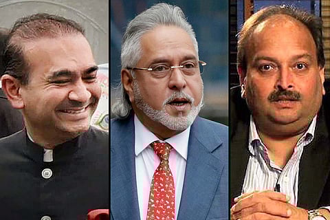 A collage of Nirav Modi, Vijay Mallya and Mehul Choksi