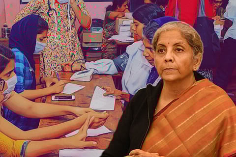 A collage of Finance Minister Nirmala Sitharaman and a medical camp, where healthcare workers are examining patients.