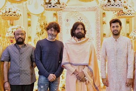 Trivikram Srinivas and Pawan Kalyan at Nithiin's pre wedding ceremony