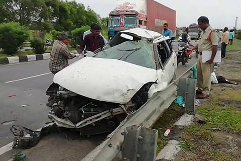 Car after getting mangled in accident: Four of family including two kids killed in car crash in Telangana