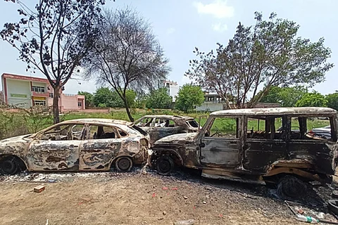 Cars damaged in the violence in Haryana’s Nuh district
