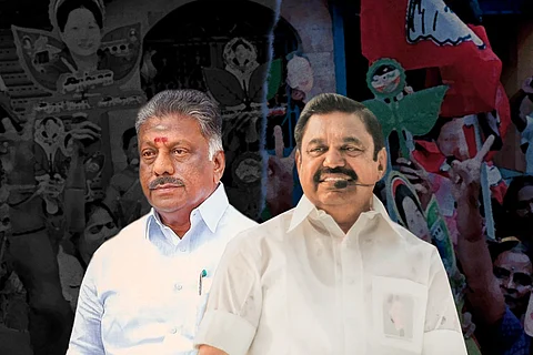 A collage of OPS and EPS with AIADMK supporters in the background