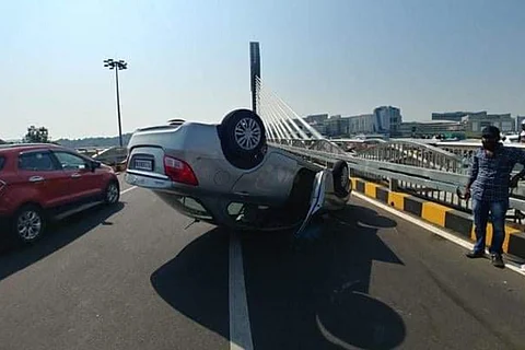 Overturned car on Durgam Cheuruvu cable bridge