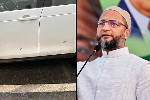 A collage of Owaisi and a picture showing the bullet marks in the AIMIM chief's vehicle