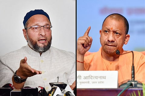 A collage of Yogi Adityanath and Asaduddin Owaisi