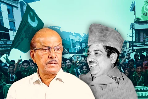 A stylised image of IUML leaders PK Kunhalikutty and the late CH Muhammed Koya against the backdrop of an IUML rally