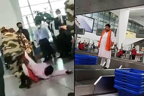 Collage: Passenger travelling to Mumbai who created a ruckus at Delhi Airport being dragged out and a picture of him standing on the conveyor belt