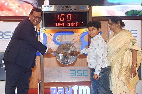 Paytm founder Vijay Shekhar Sharma ringing the bell at the Bombay Stock Exchange