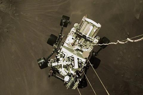 The Perseverance rover making its landing on Mars