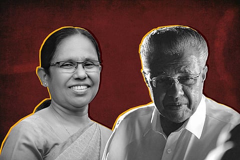 A collage of KK Shailaja and Pinarayi Vijayan