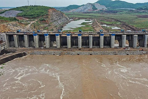 Water being released to delta through the Polavaram project spillway in West Godavari district of Andhra Pradesh in June 2021