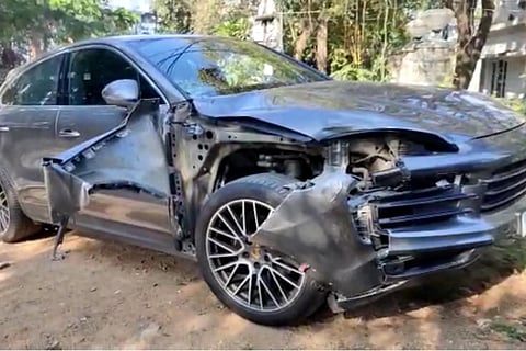 Mangled Porsche involved in the accident that killed two hospital workers in Hyderabad
