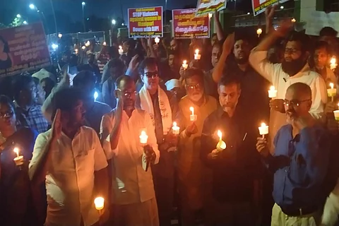 Candlelight vigil held at Chennai Egmore in solidarity with the victims of Manipur violence.