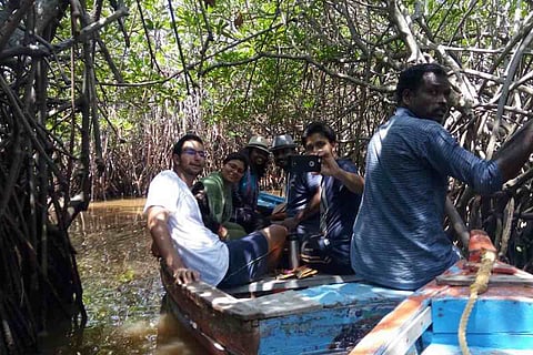 Tourists on a boat ride in the Pichavaram mangrove forest