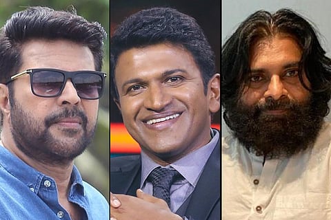 Mammootty on the left, Pawan Kalyan on the right and Puneeth Rajkumar in the center.