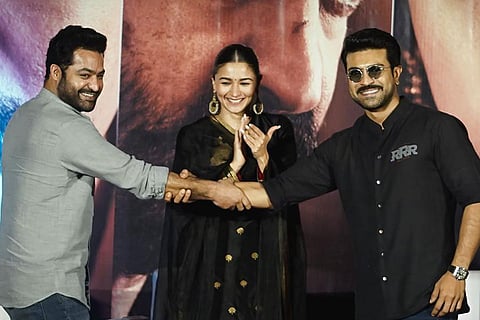 Actors Jr NTR, Alia Bhatt and Ram Charan during RRR promotions