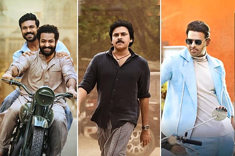 Collage of stills from RRR, Bheemla Nayak and Radhe Shyam