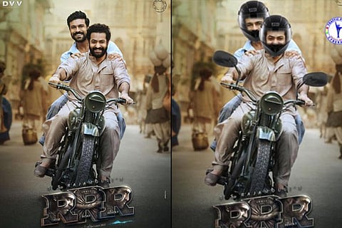 A collage of the photo of the actors on a bike