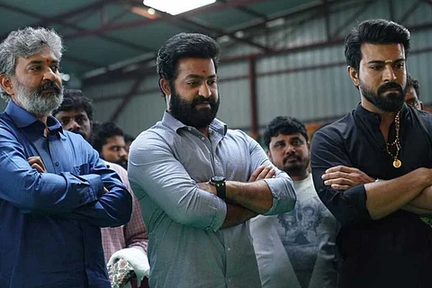 Rajamouli, Jr NTR and Ram Charan at RRR shoot