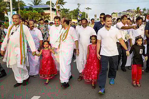 Rahul Gandhi and other Congress leaders during the Bharat Jodo Yatra in Thiruvananthapuram