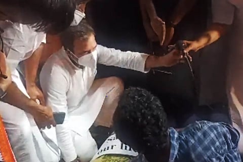 Rahul Gandhi in the protest pavillion in front of Kerala Secretariat