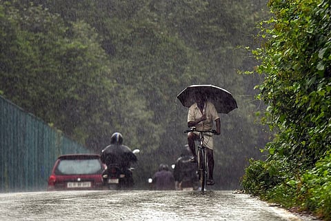 A man rides a bicycle holding an umbrella amid monsoon rains in Thiruvananthapuram