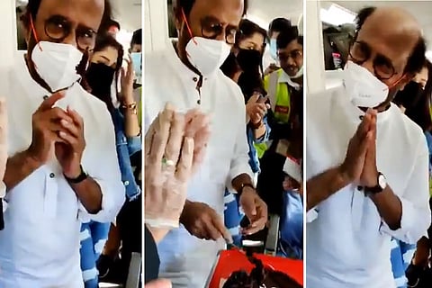 Rajinikanth cutting cake inside flight