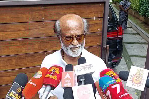 Actor Rajinikanth speaking to the press