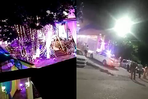 A collage of the venue of the wedding and the decorated car outside the venue