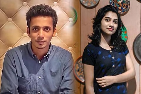 Rakhil in a light blue shirt and Manasa in a dark blue kurta
