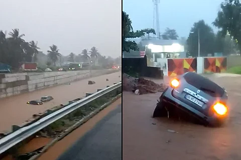 Car submerged as water gushes past it in Karnataka's Ramanagara