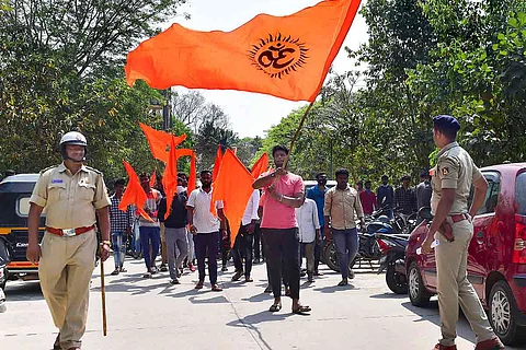 Members of right wing group Bajrang Dal holding a rally.