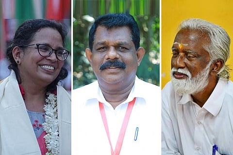 A collage of KK Rema, Kummanam Rajasekharan and Antony Raju